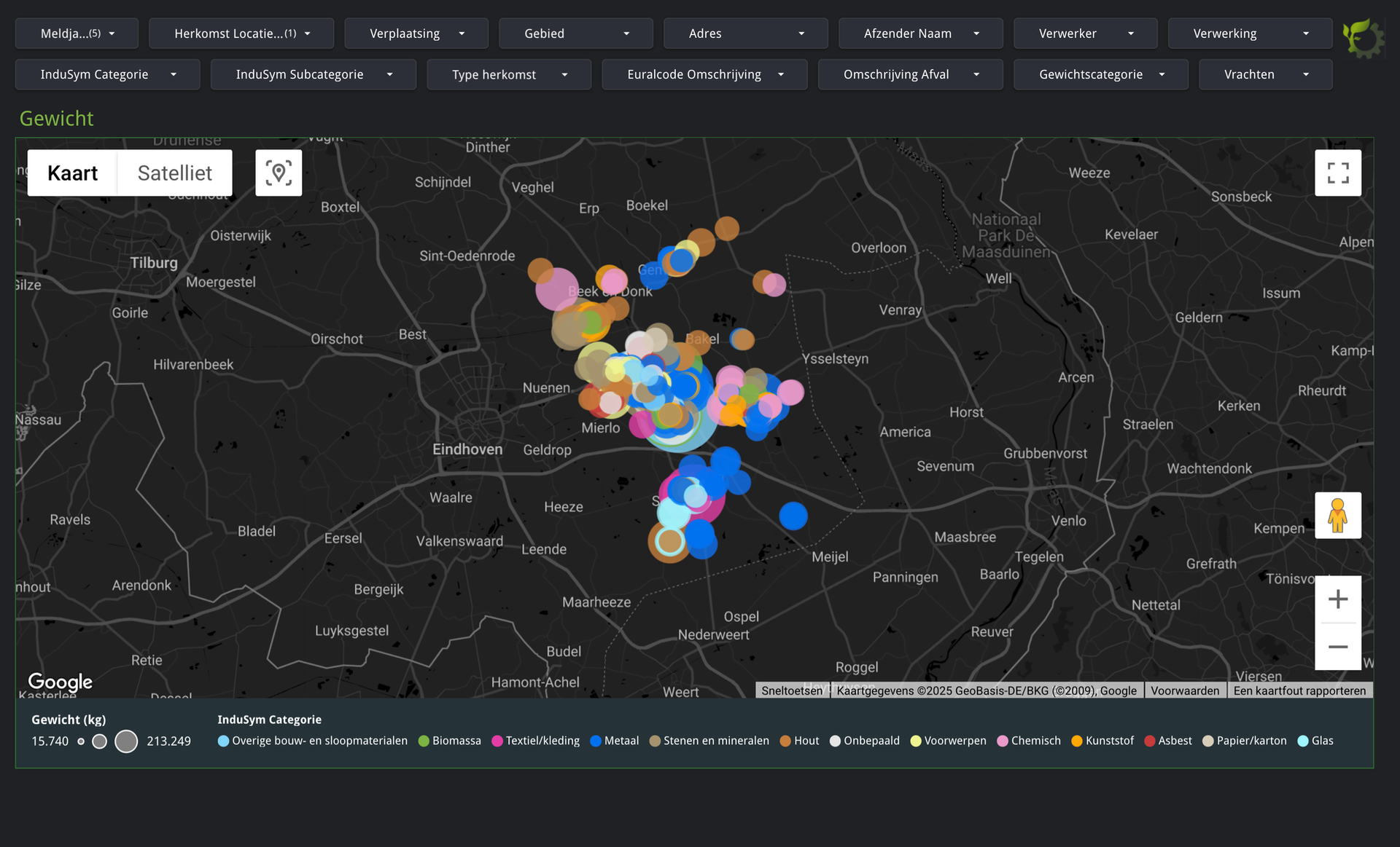 Circulair dashboard: kaart van Zuidoost-Brabant met reststromen per categorie en gewicht